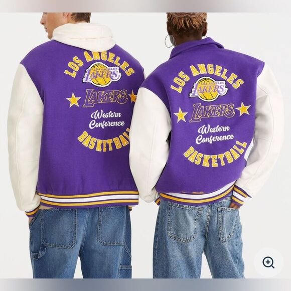 Men's LA Lakers Bomber Jacket Varsity Embroidered Graphic Team Name Logo Medium - Picture 2 of 9